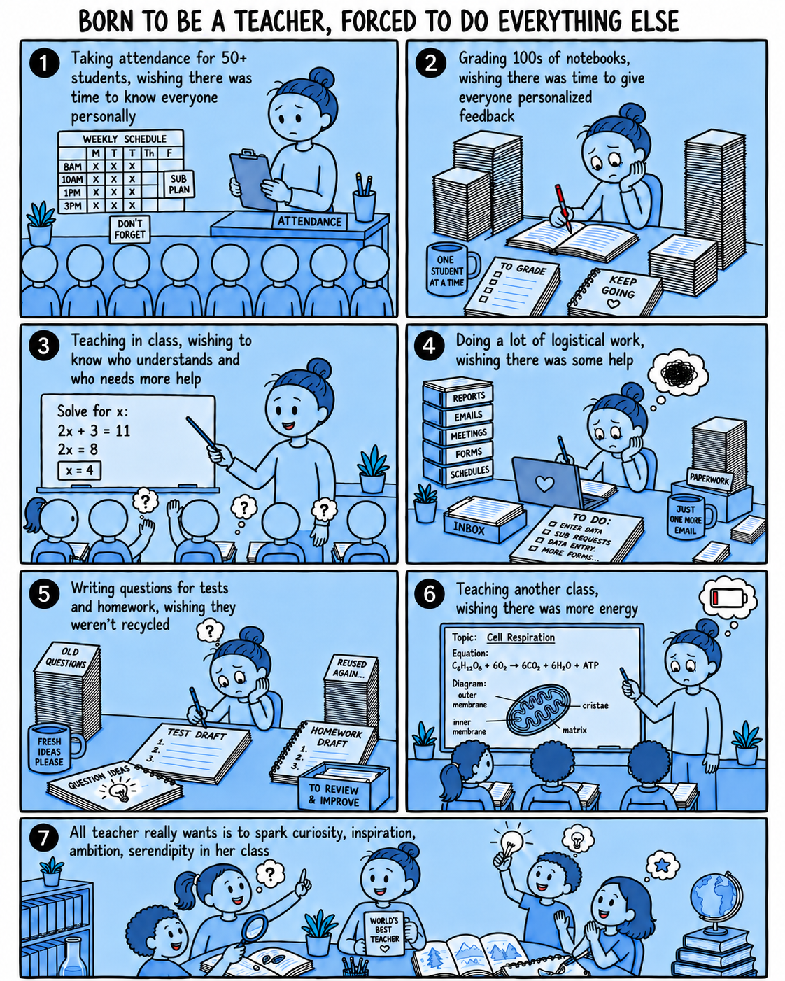 Born to be a teacher, forced to do everything else: a seven-panel comic showing attendance, grading, classroom teaching, logistical work, test writing, exhaustion, and a teacher's desire to spark curiosity and inspiration.